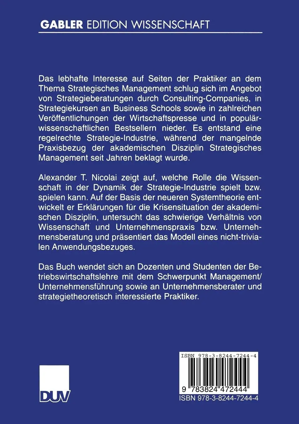 Rückseite: 9783824472444 | Die Strategie-Industrie | Alexander Nicolai | Taschenbuch | xiii
