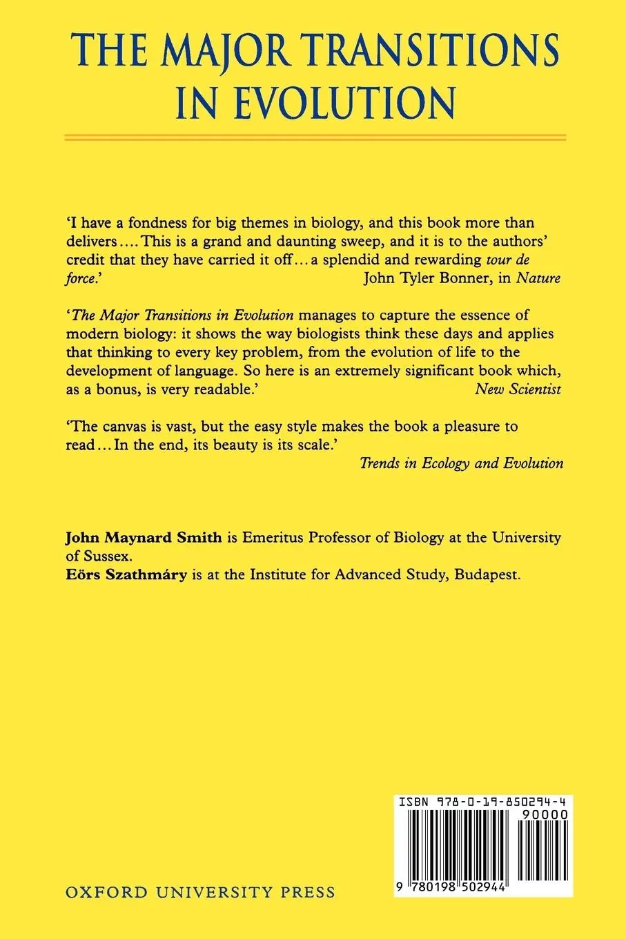 Rückseite: 9780198502944 | The Major Transitions in Evolution | Smith Julian Maynard (u. a.)