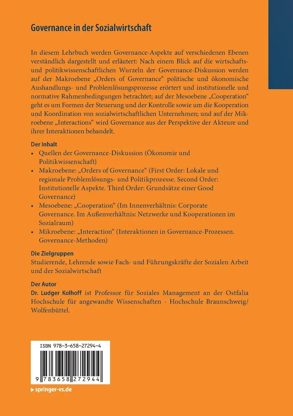Rückseite: 9783658272944 | Governance in der Sozialwirtschaft | Eine Einführung | Ludger Kolhoff
