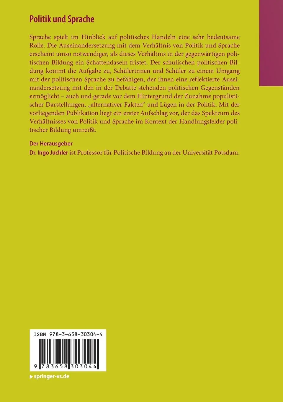 Rückseite: 9783658303044 | Politik und Sprache | Handlungsfelder politischer Bildung | Juchler