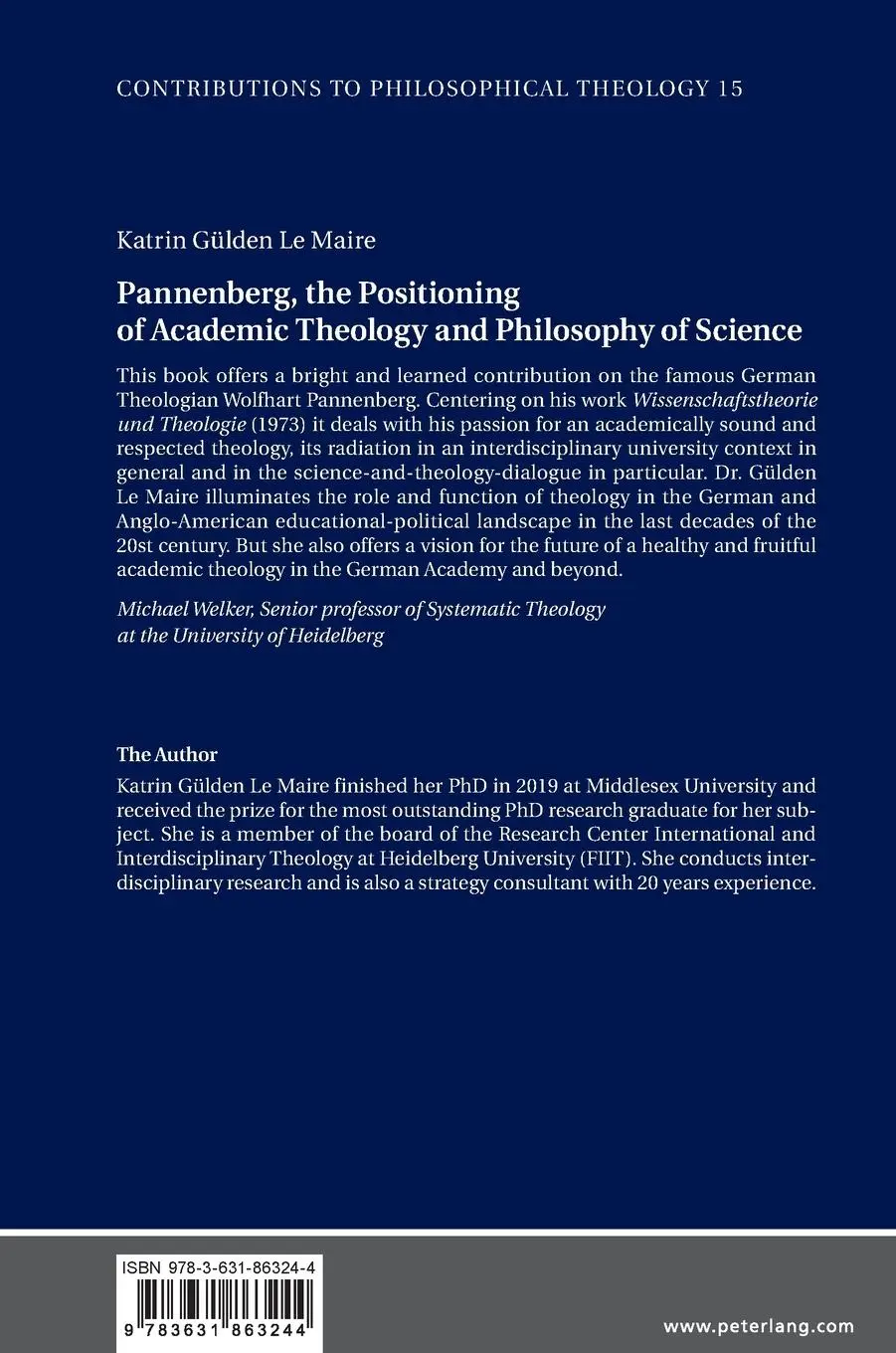 Rückseite: 9783631863244 | Pannenberg, the Positioning of Academic Theology and Philosophy of...
