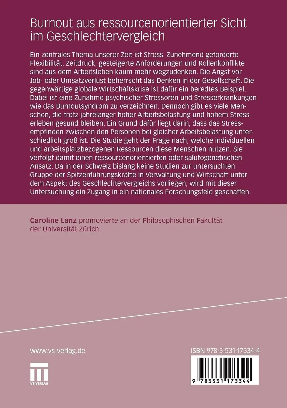 Rückseite: 9783531173344 | Burnout aus ressourcenorientierter Sicht im Geschlechtervergleich