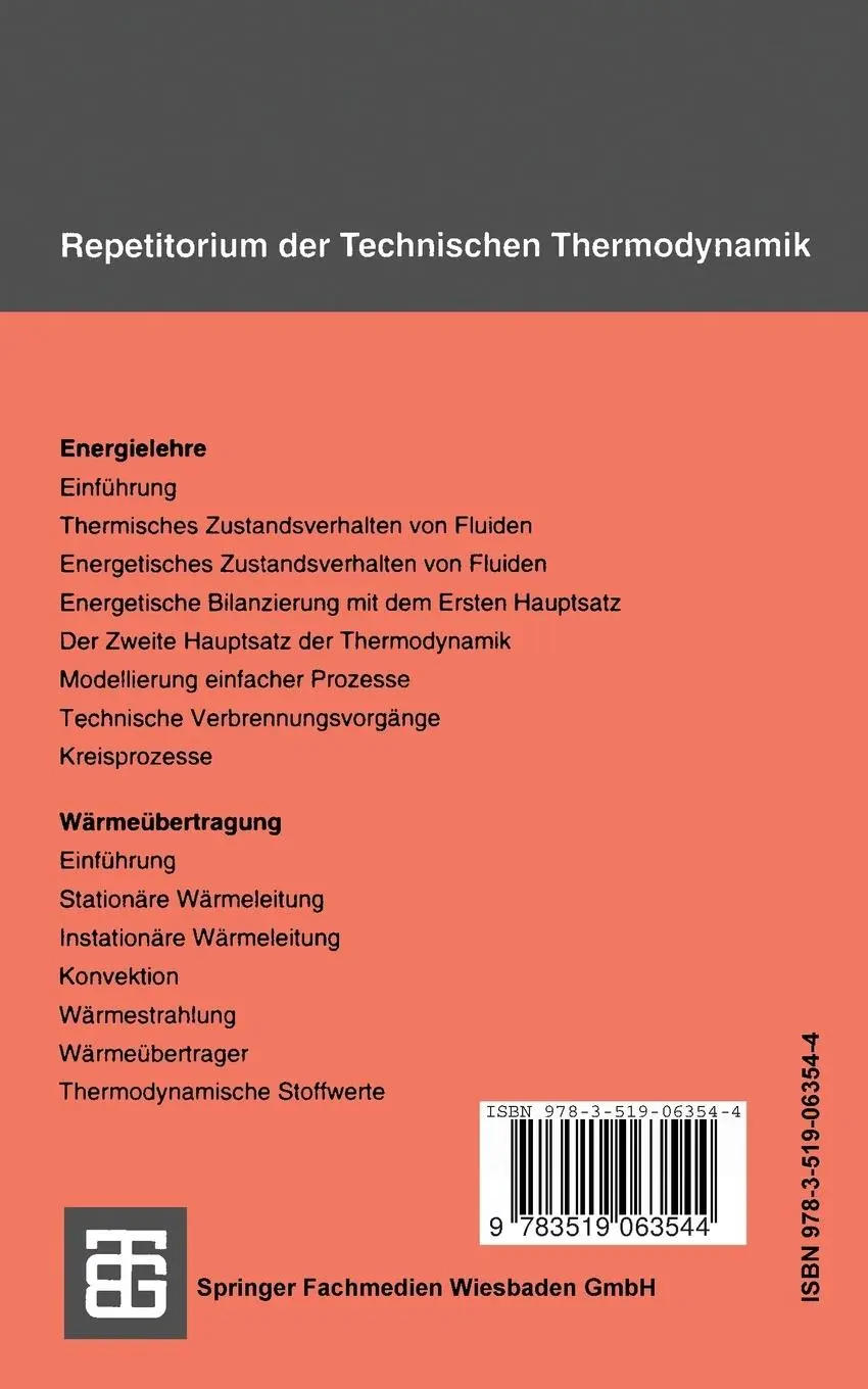 Rückseite: 9783519063544 | Repetitorium der Technischen Thermodynamik | Achim Dittmann (u. a.)