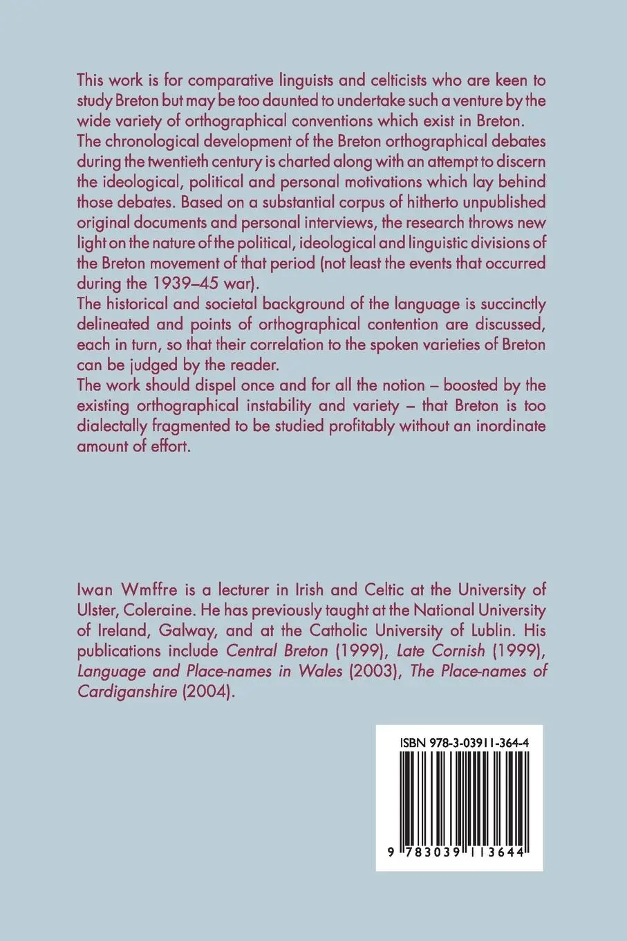 Rückseite: 9783039113644 | Breton Orthographies and Dialects - Vol. 1 | Iwan Wmffre | Taschenbuch