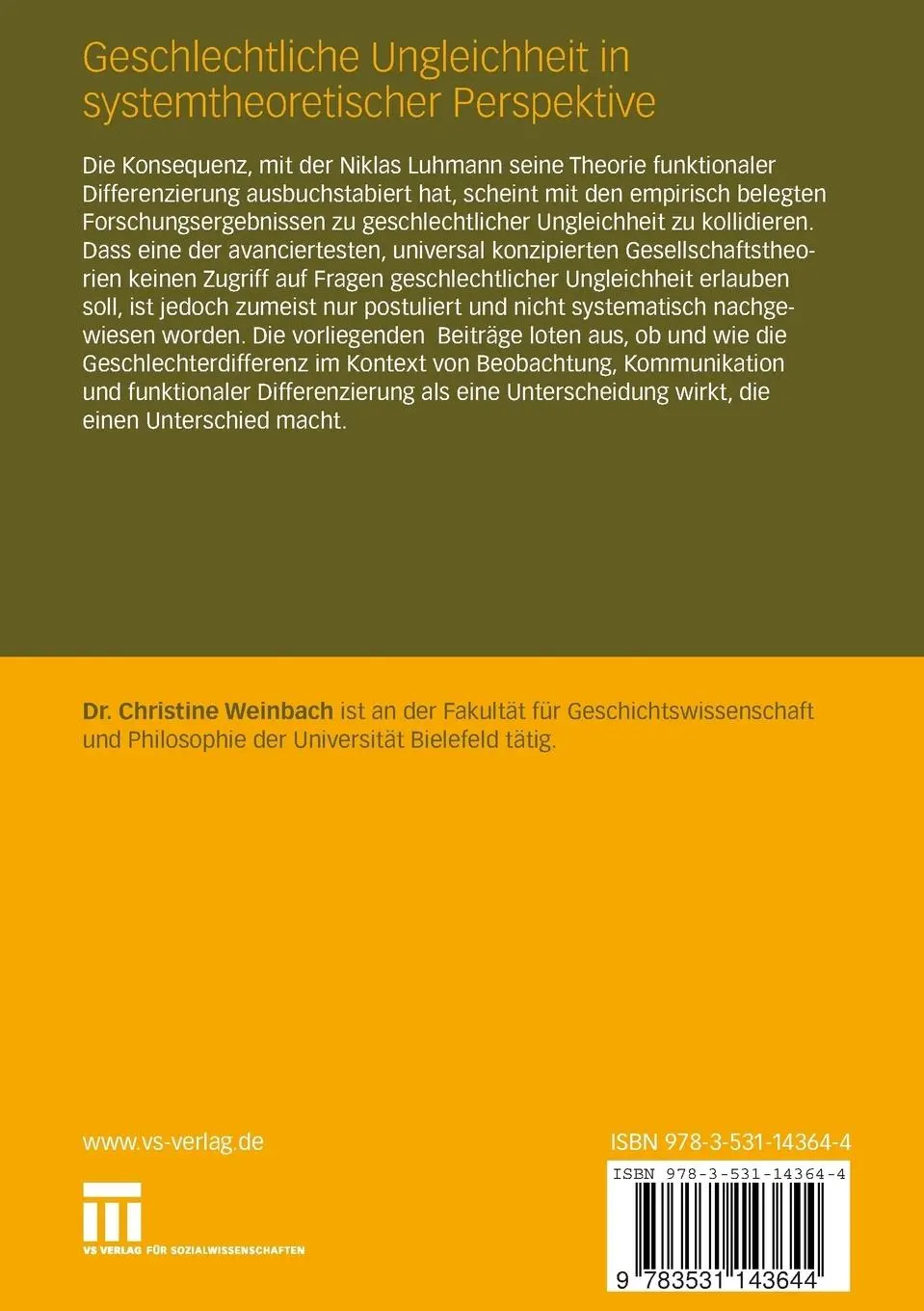 Rückseite: 9783531143644 | Geschlechtliche Ungleichheit in systemtheoretischer Perspektive | Buch