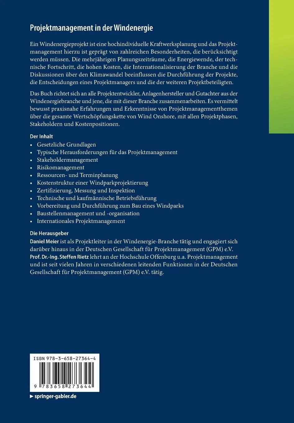 Rückseite: 9783658273644 | Projektmanagement in der Windenergie | Steffen Rietz (u. a.) | Buch