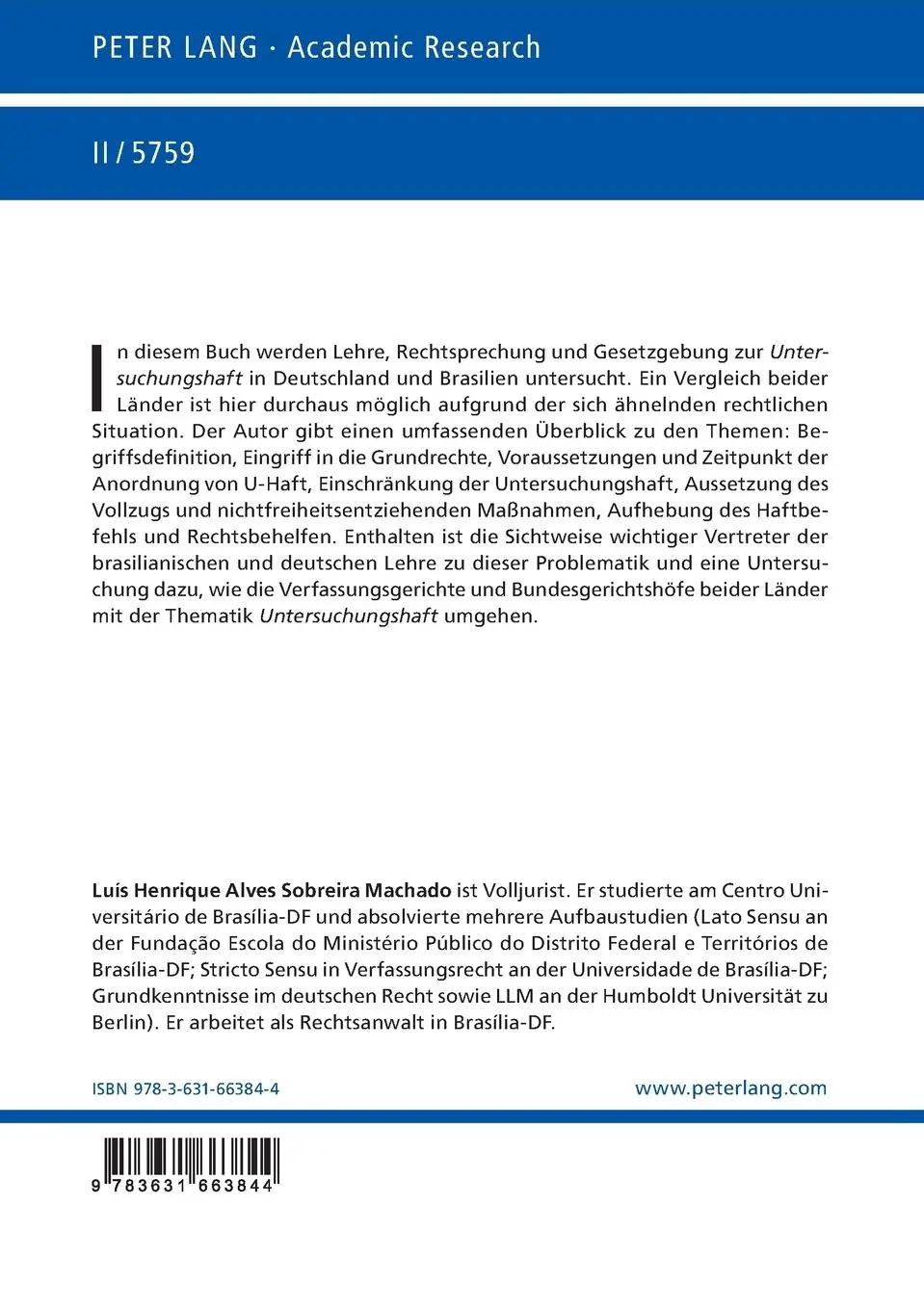 Rückseite: 9783631663844 | Die Untersuchungshaft aus der Sicht des brasilianischen und des...