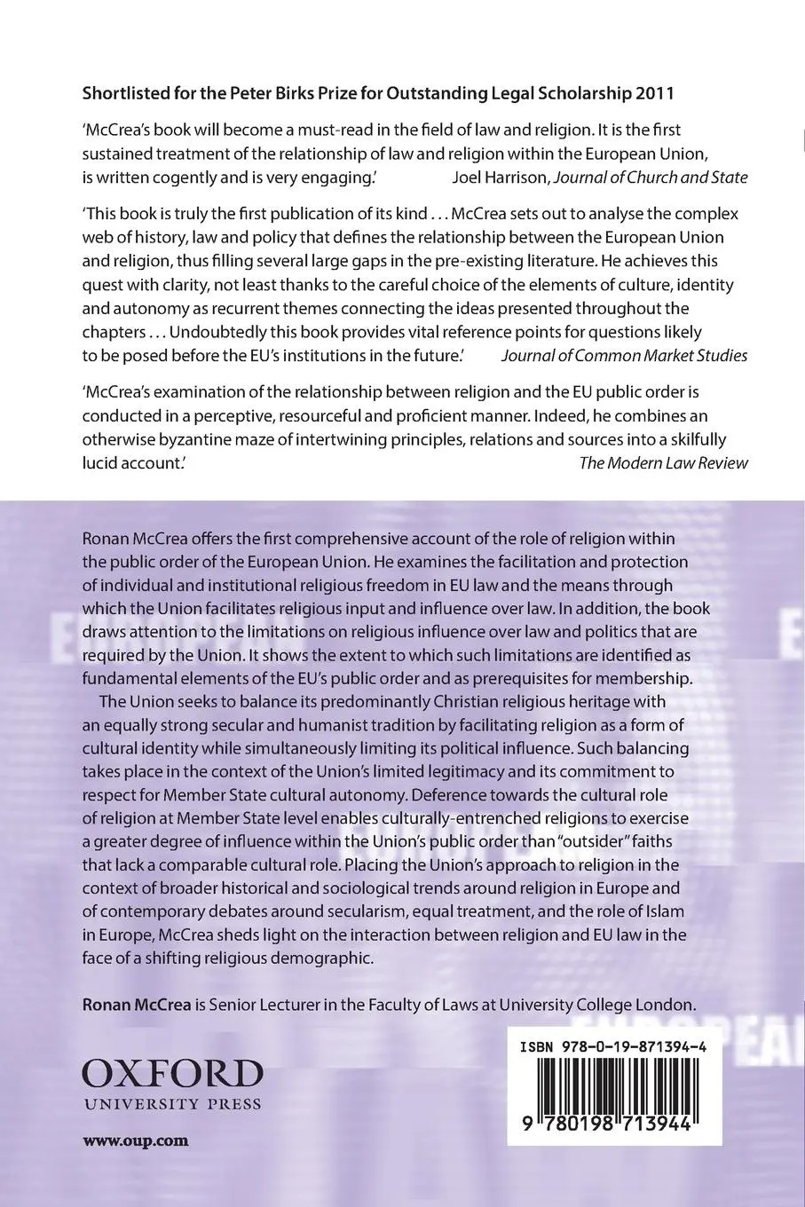 Rückseite: 9780198713944 | Religion and the Public Order of the European Union | Ronan McCrea