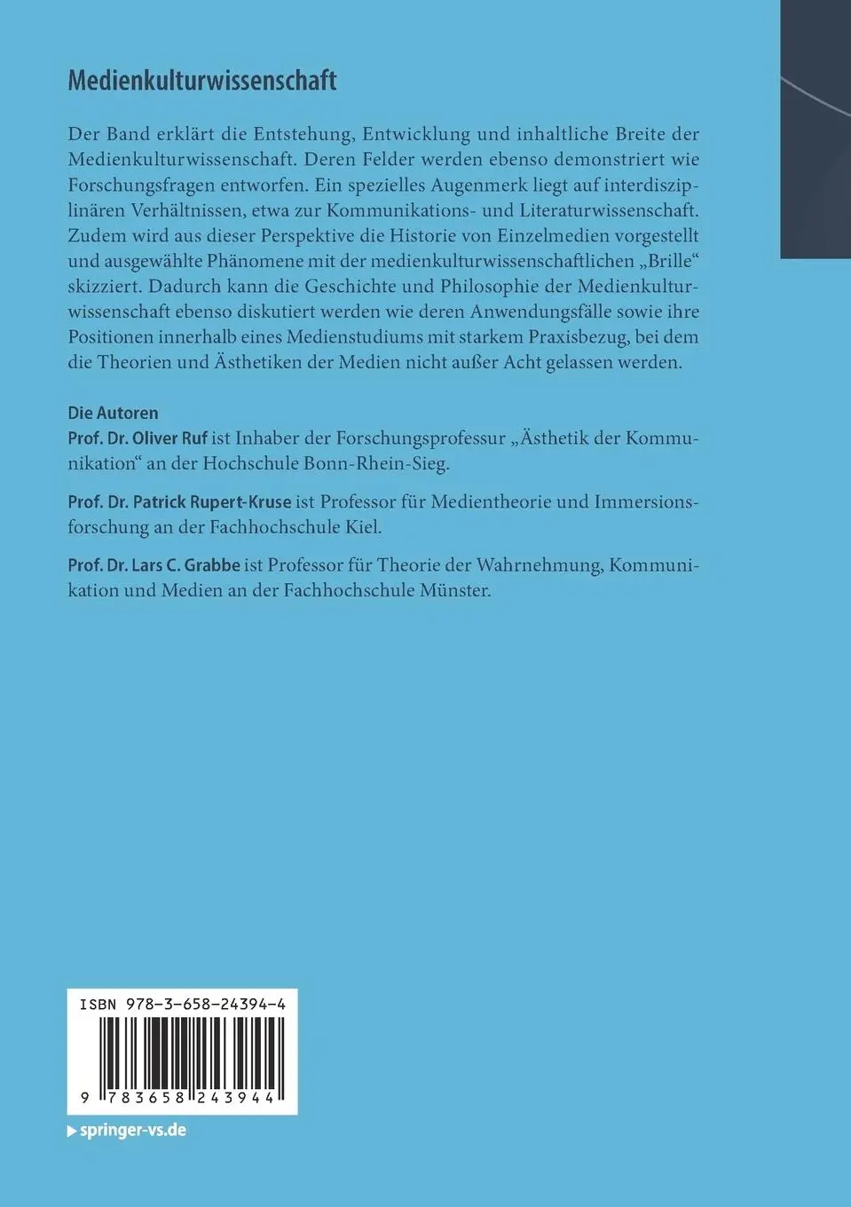 Rückseite: 9783658243944 | Medienkulturwissenschaft | Eine Einführung | Oliver Ruf (u. a.) | Buch