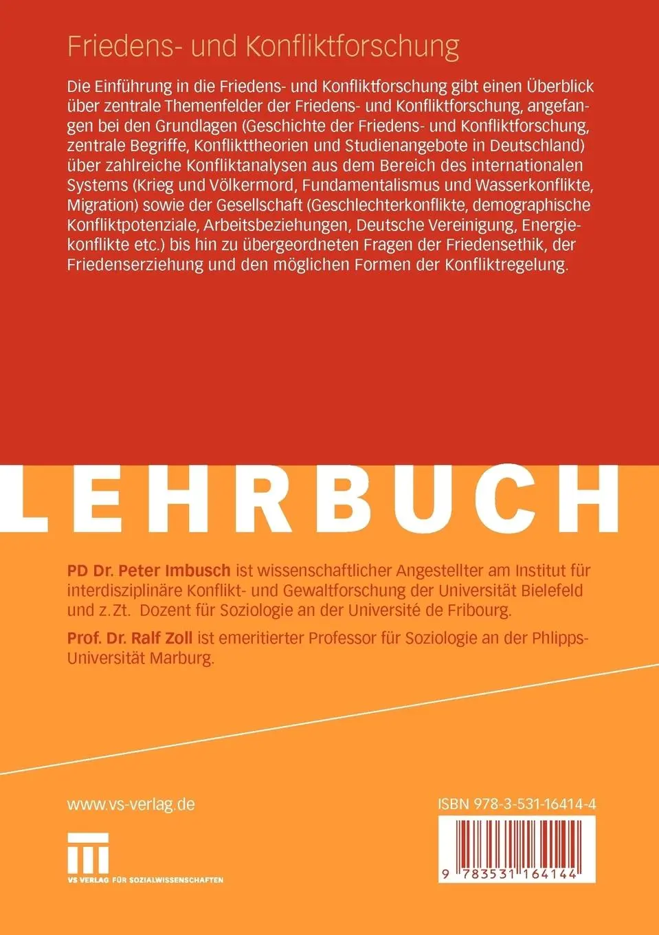 Rückseite: 9783531164144 | Friedens- und Konfliktforschung | Eine Einführung | Ralf Zoll (u. a.)