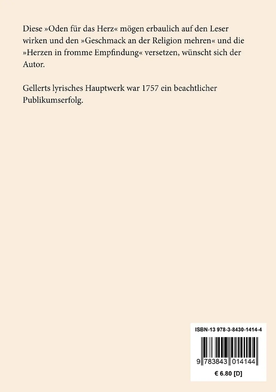 Rückseite: 9783843014144 | Geistliche Oden und Lieder | Christian Fürchtegott Gellert | Buch