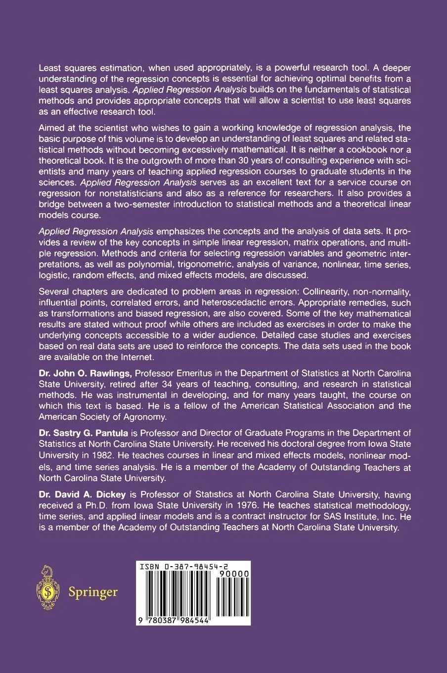 Rückseite: 9780387984544 | Applied Regression Analysis | A Research Tool | Rawlings (u. a.)