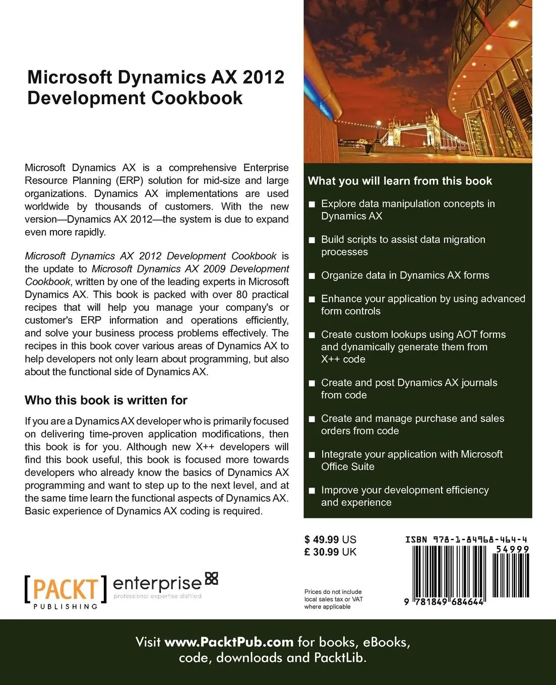 Rückseite: 9781849684644 | Microsoft Dynamics Ax 2012 Development Cookbook | Mindaugas Pocius