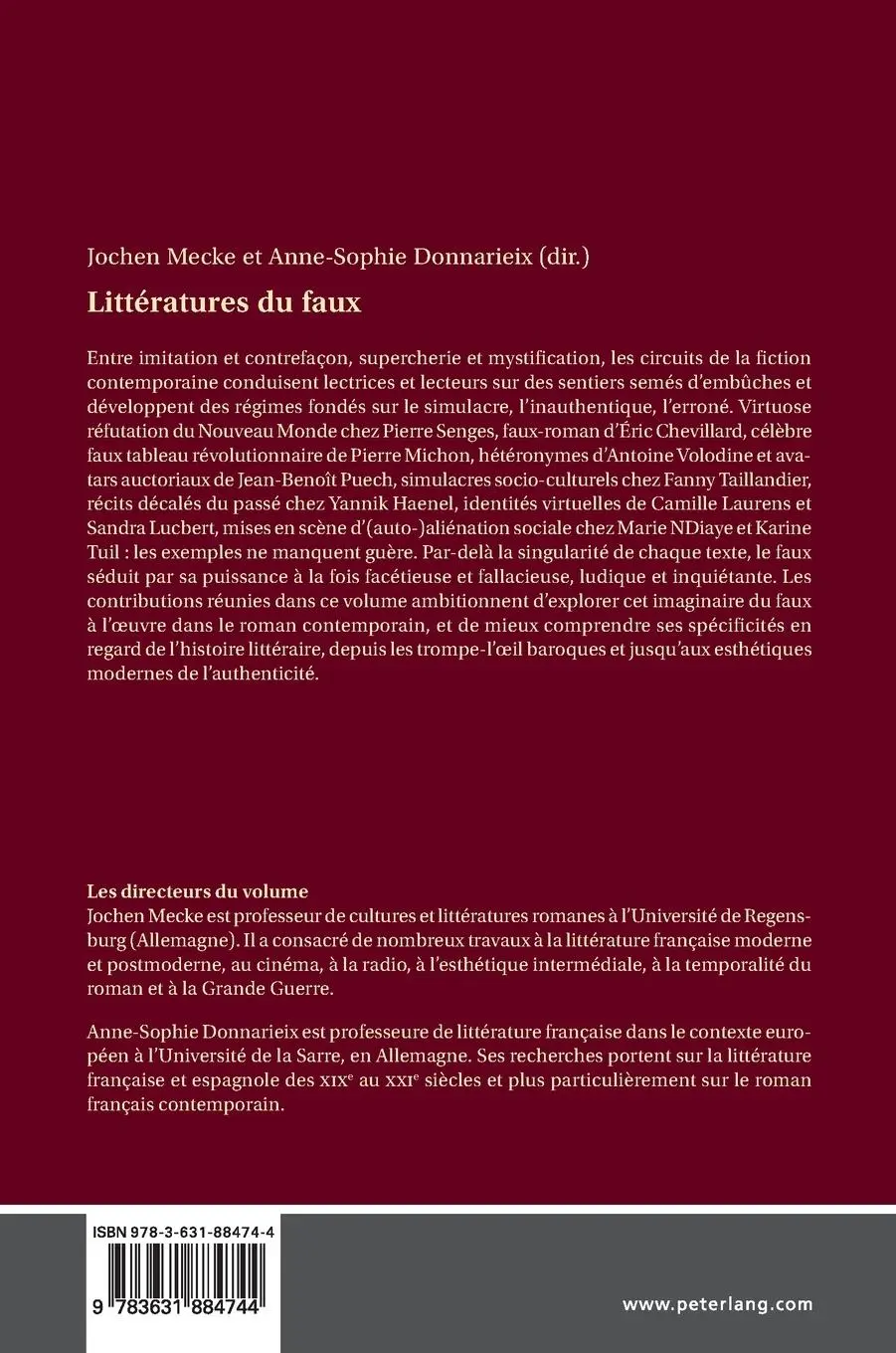 Rückseite: 9783631884744 | Littératures du faux | Anne-Sophie Donnarieix (u. a.) | Buch | 2023