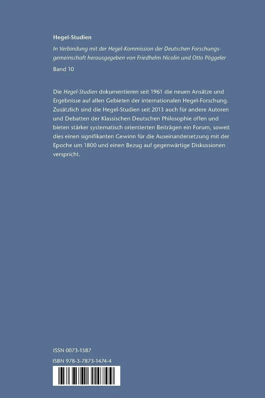 Rückseite: 9783787314744 | Hegel-Studien / Hegel-Studien | Otto Pöggeler (u. a.) | Taschenbuch