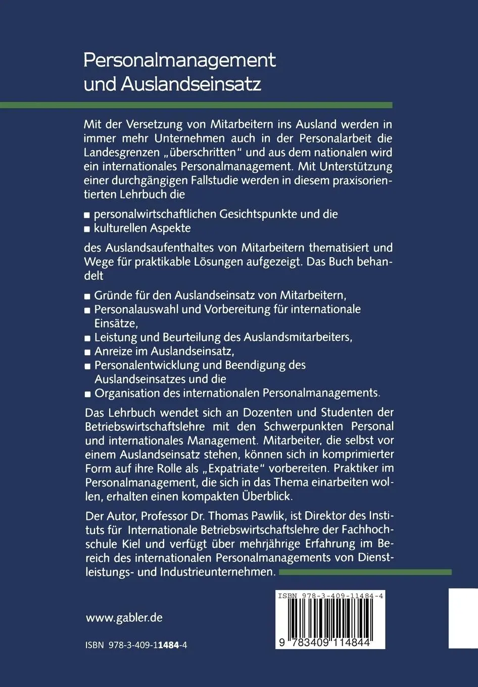 Rückseite: 9783409114844 | Personalmanagement und Auslandseinsatz | Thomas Pawlik | Taschenbuch