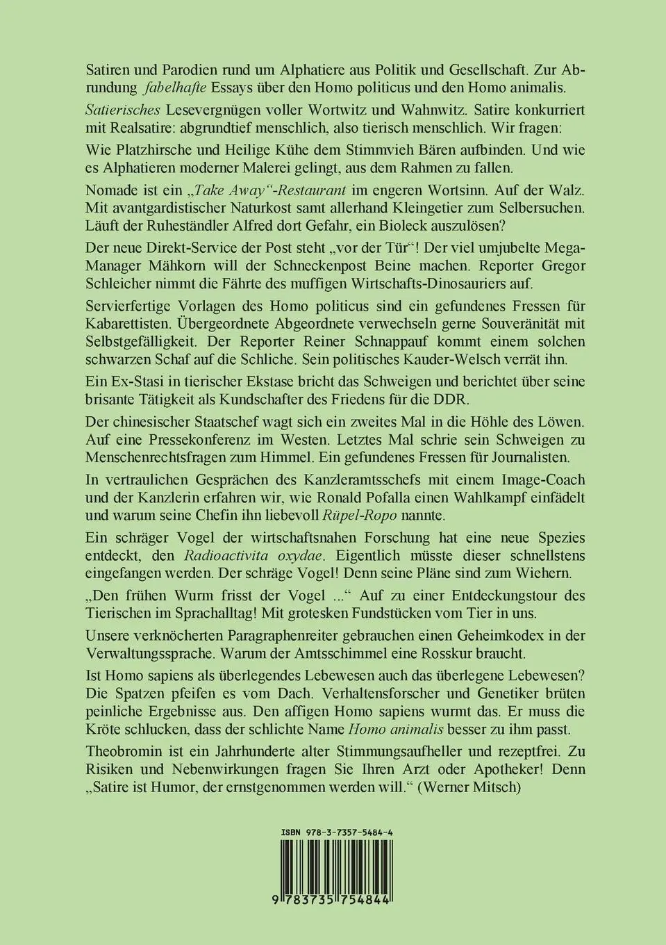 Rückseite: 9783735754844 | Hohe Satiere | Hohe Tiere füttern Satire | Theo Bromien | Taschenbuch