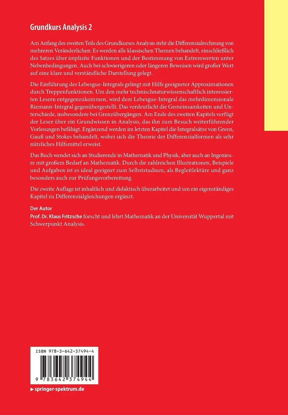 Rückseite: 9783642374944 | Grundkurs Analysis 2 | Klaus Fritzsche | Taschenbuch | ix | Deutsch