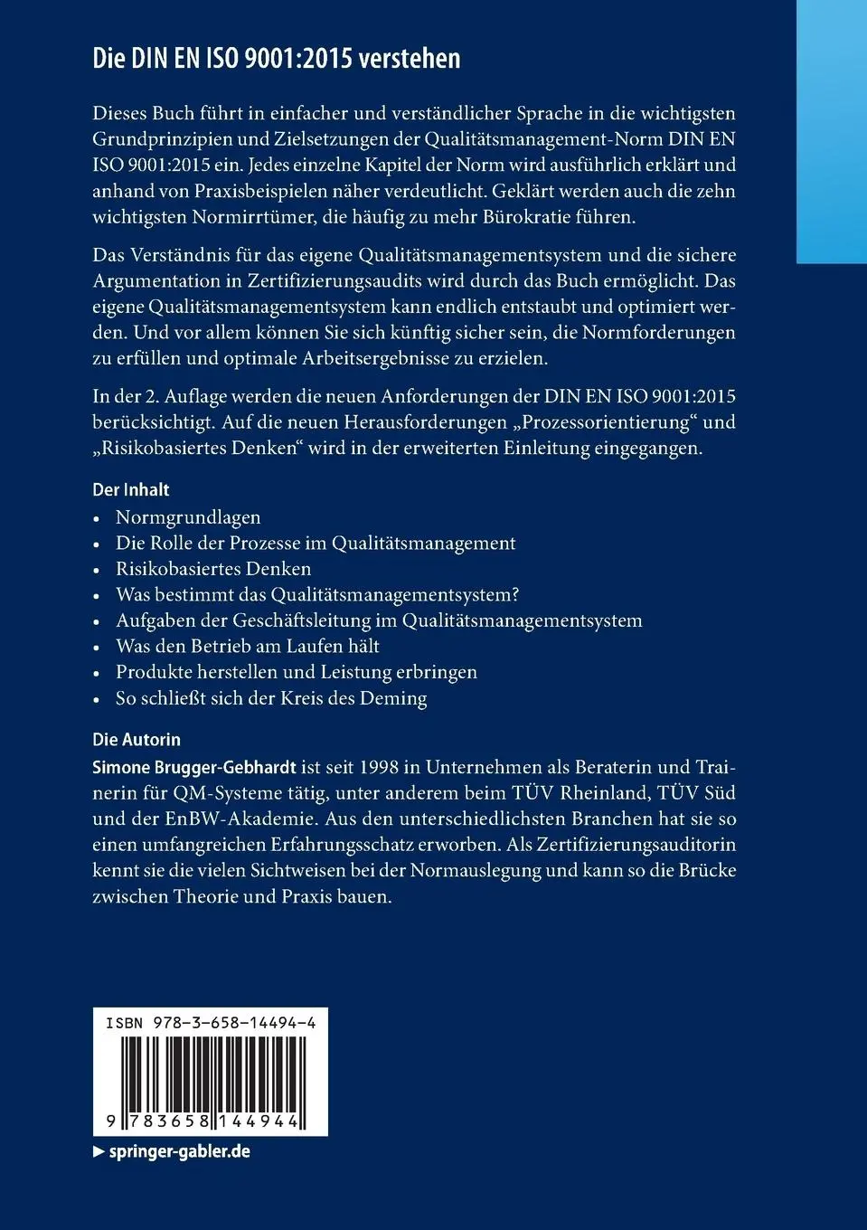 Rückseite: 9783658144944 | Die DIN EN ISO 9001:2015 verstehen | Simone Brugger-Gebhardt | Buch