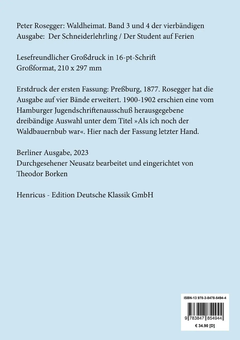 Rückseite: 9783847854944 | Waldheimat (Großdruck) | Peter Rosegger | Taschenbuch | 608 S. | 2023