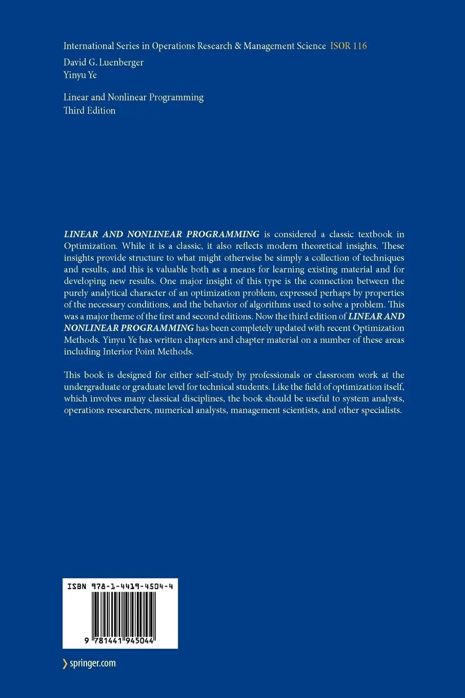 Rückseite: 9781441945044 | Linear and Nonlinear Programming | Yinyu Ye (u. a.) | Taschenbuch