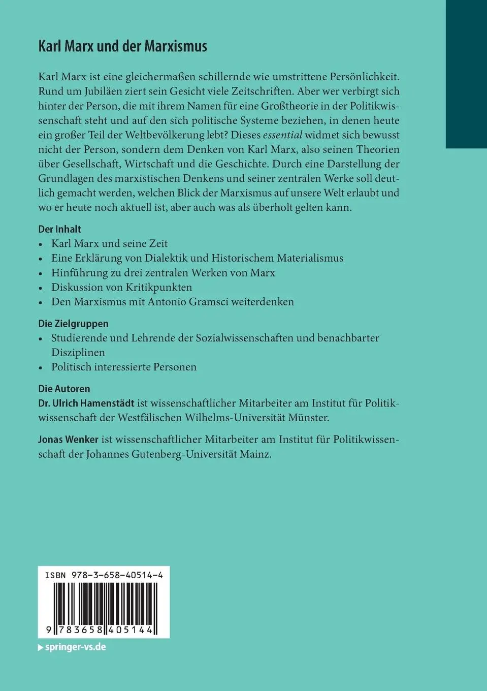 Rückseite: 9783658405144 | Karl Marx und der Marxismus | Ein Überblick | Jonas Wenker (u. a.)