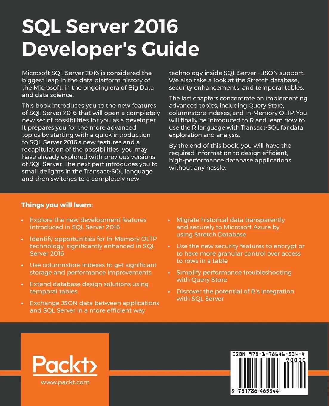 Rückseite: 9781786465344 | SQL Server 2016 Developer's Guide | Dejan Sarka (u. a.) | Taschenbuch