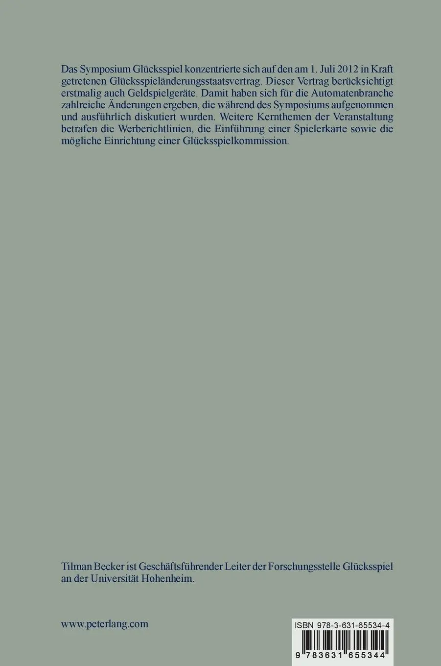 Rückseite: 9783631655344 | Der neue Glücksspielstaatsvertrag | Tilman Becker | Buch | Deutsch
