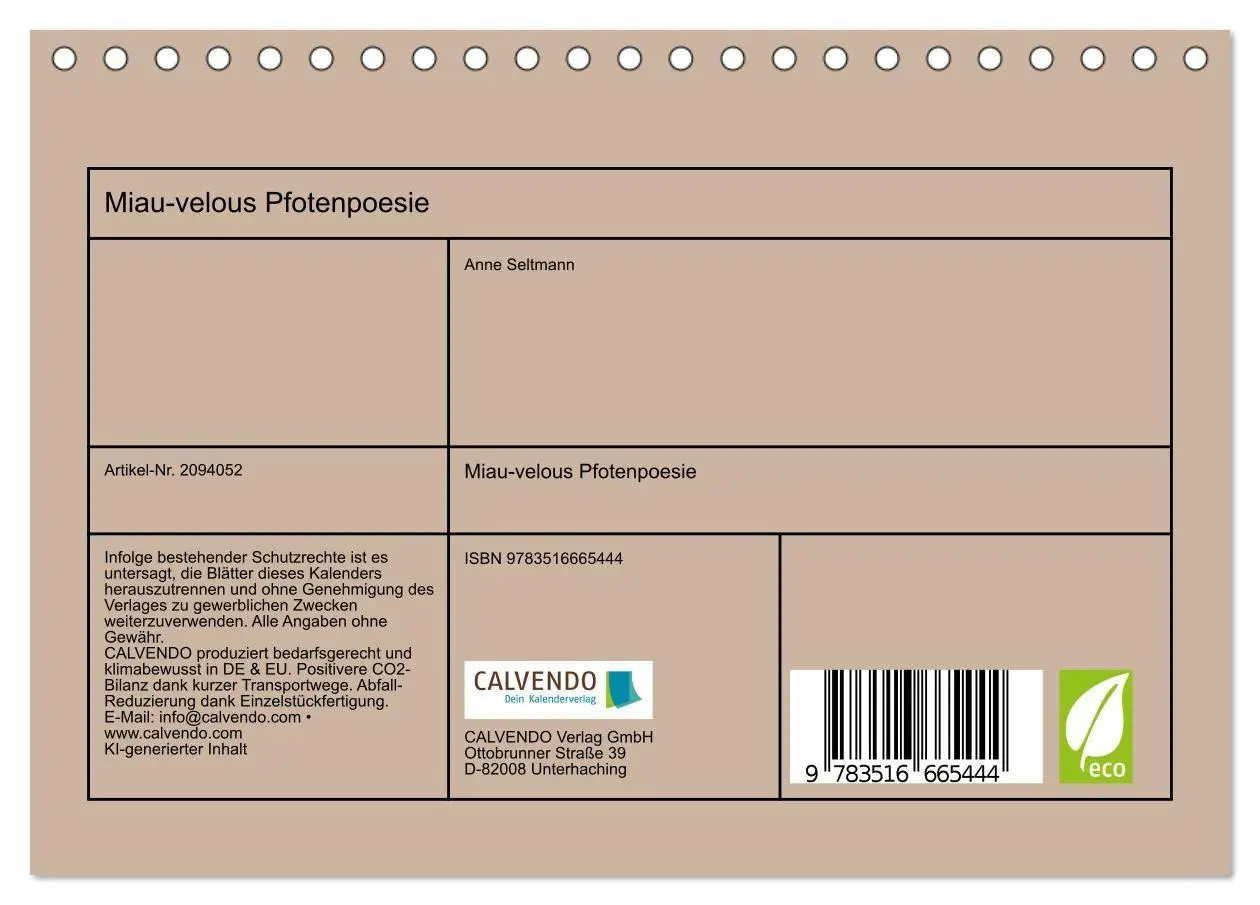 Bild: 9783516665444 | Miau-velous Pfotenpoesie (Tischkalender 2026 DIN A5 quer), CALVENDO...