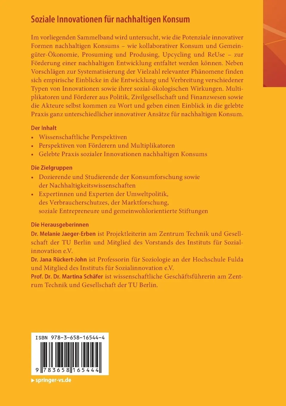Rückseite: 9783658165444 | Soziale Innovationen für nachhaltigen Konsum | Jaeger-Erben (u. a.)