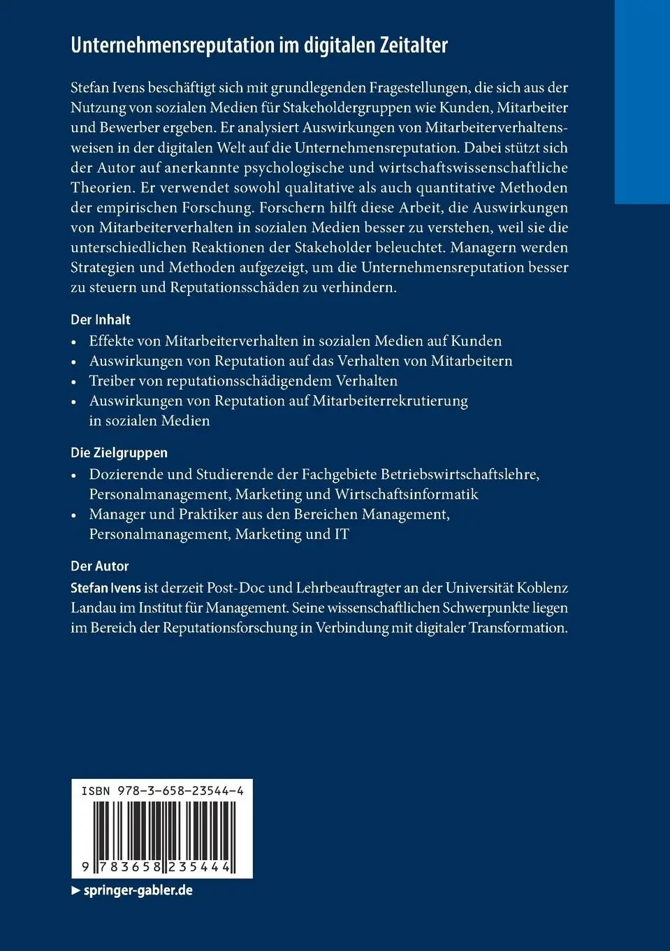 Rückseite: 9783658235444 | Unternehmensreputation im digitalen Zeitalter | Stefan Ivens | Buch