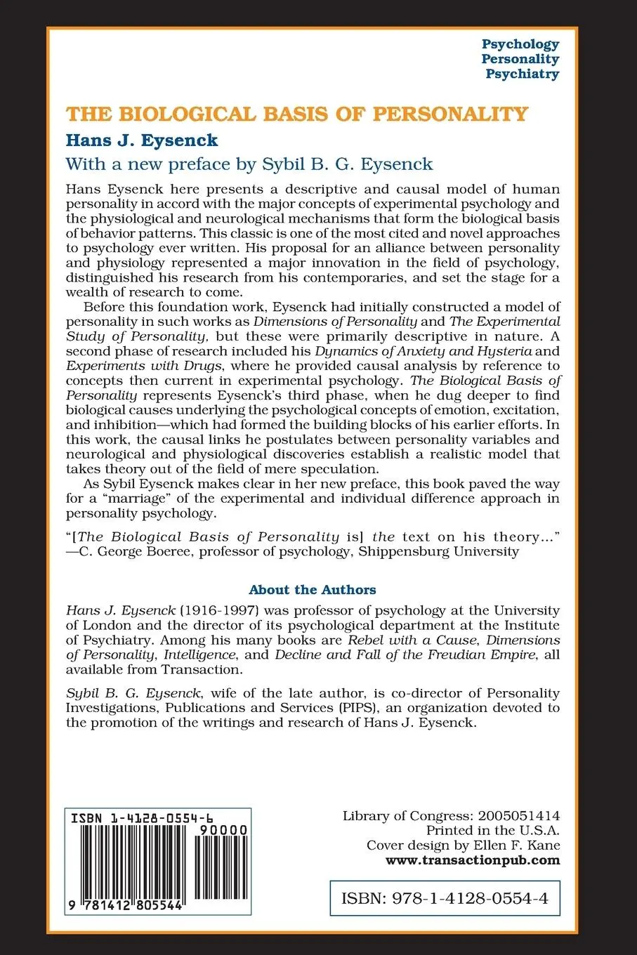 Rückseite: 9781412805544 | The Biological Basis of Personality | Hans Eysenck | Taschenbuch