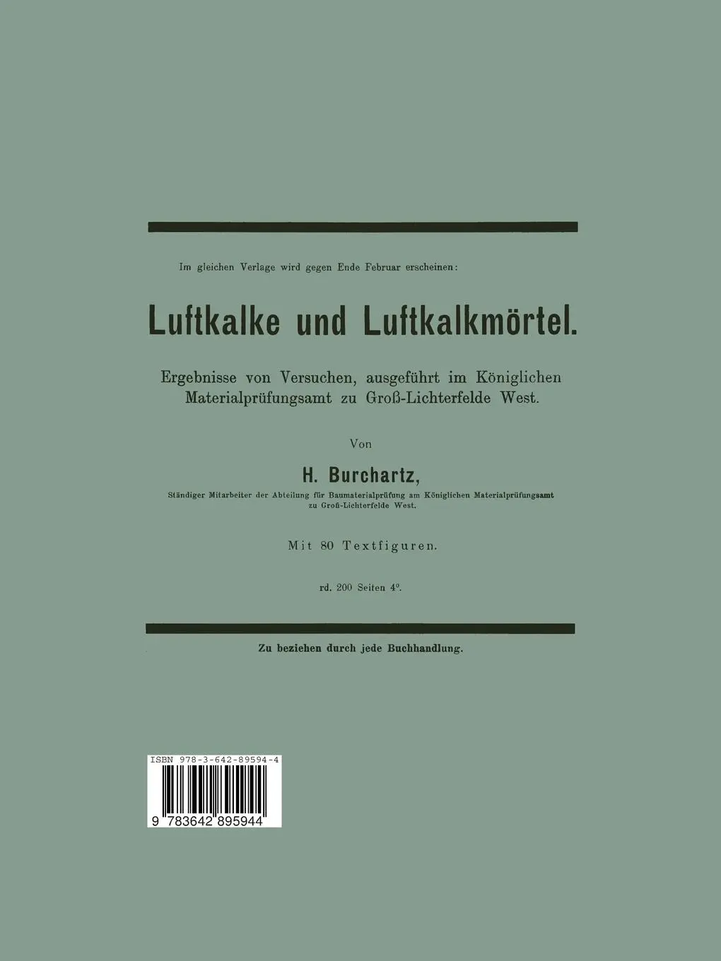 Rückseite: 9783642895944 | Die Prüfung und die Eigenschaften der Kalksandsteine | H. Burchartz