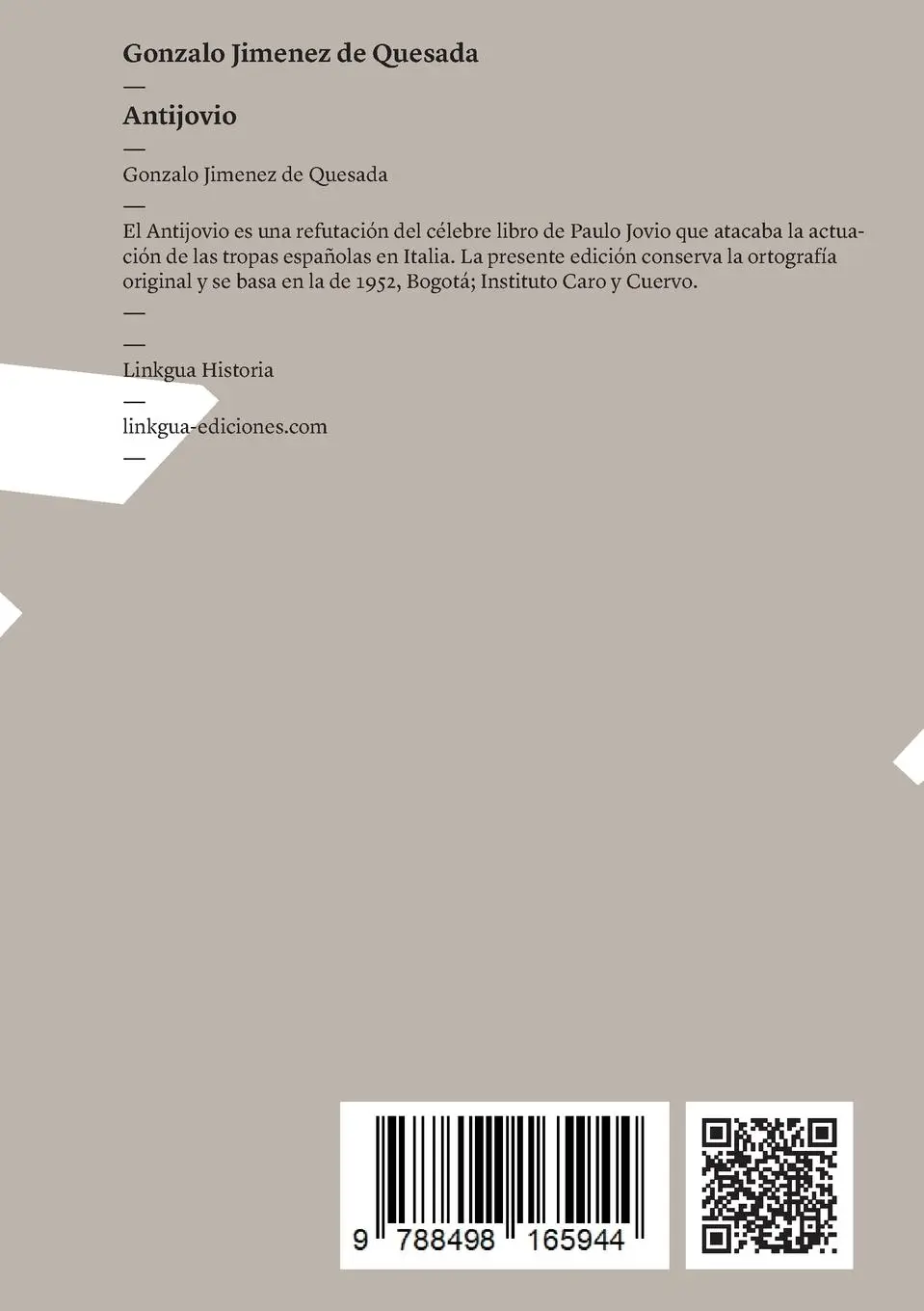 Rückseite: 9788498165944 | Antijovio | Gonzalo Jiménez de Quesada | Taschenbuch | Spanisch | 2024
