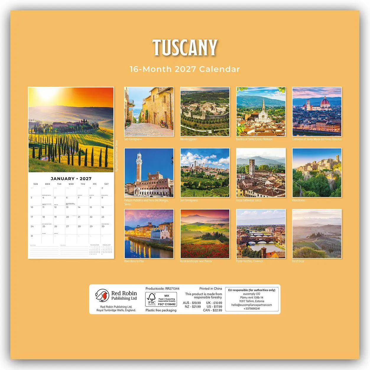 Rückseite: 9781837016044 | Tuscany - Toskana 2027 - 16-Monatskalender | Robin Red | Kalender