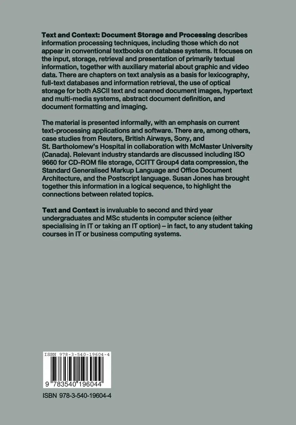 Rückseite: 9783540196044 | Text and Context | Document Storage and Processing | Susan Jones