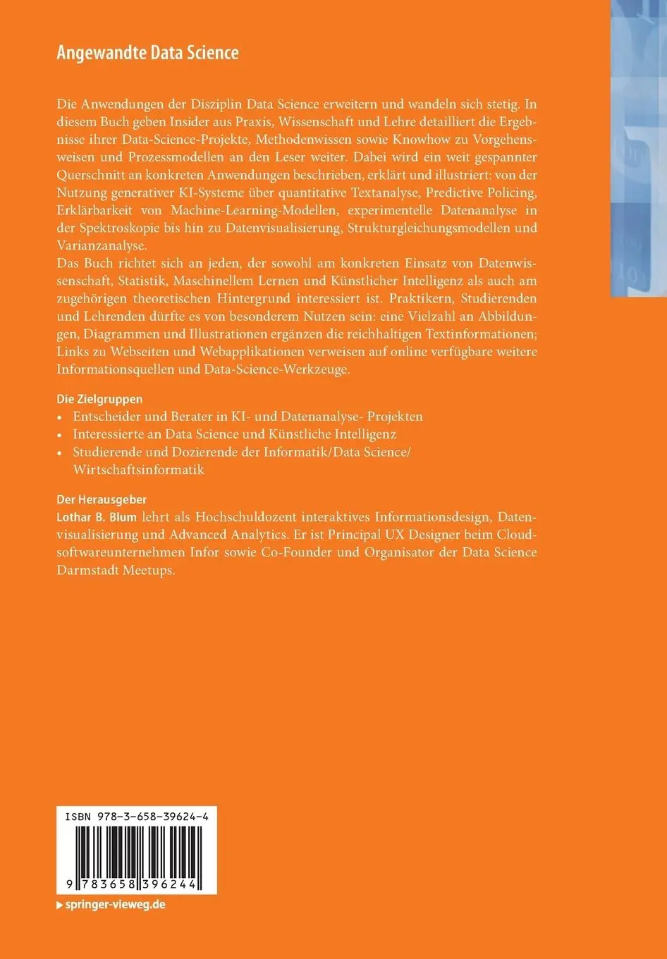 Rückseite: 9783658396244 | Angewandte Data Science | Projekte Methoden Prozesse | Lothar B. Blum