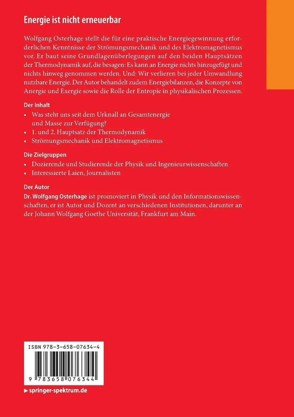Rückseite: 9783658076344 | Energie ist nicht erneuerbar | Wolfgang Osterhage | Taschenbuch | x
