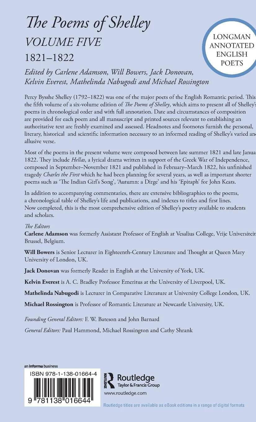 Rückseite: 9781138016644 | The Poems of Shelley | Volume Five: 1821-1822 | Adamson (u. a.) | Buch