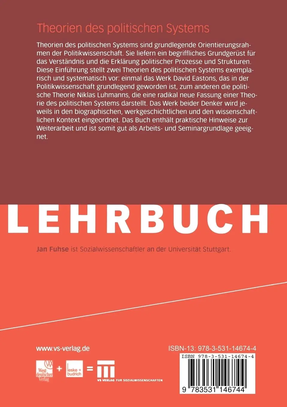 Rückseite: 9783531146744 | Theorien des politischen Systems | Jan Fuhse | Taschenbuch | 125 S.
