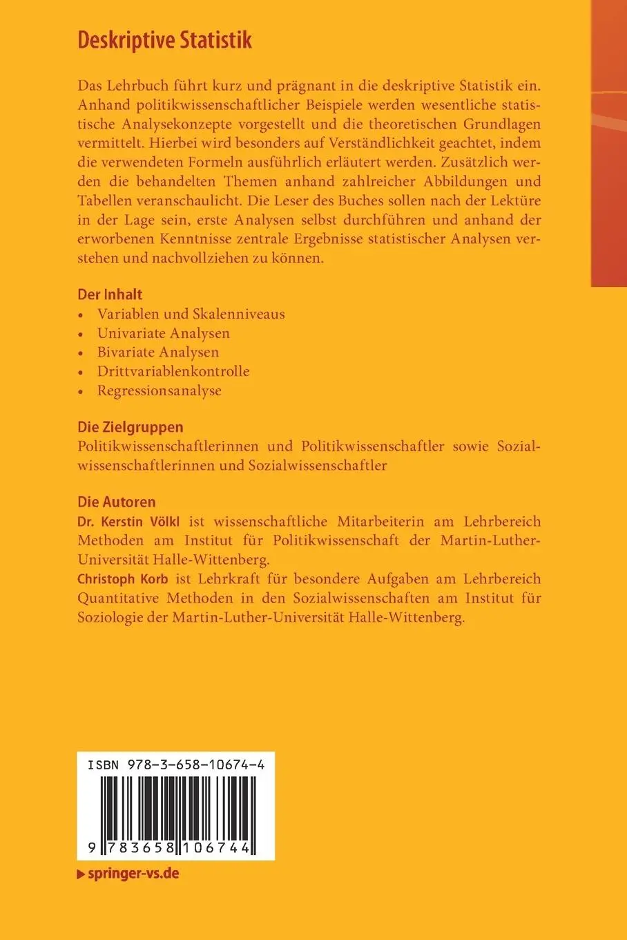 Rückseite: 9783658106744 | Deskriptive Statistik | Christoph Korb (u. a.) | Taschenbuch | xxi