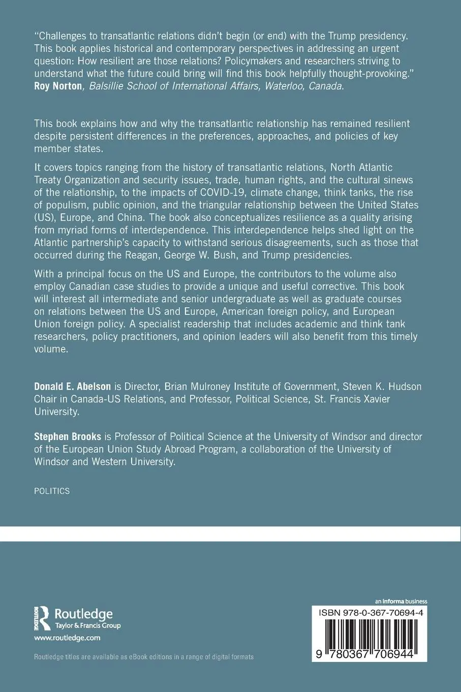 Rückseite: 9780367706944 | Transatlantic Relations | Challenge and Resilience | Abelson (u. a.)