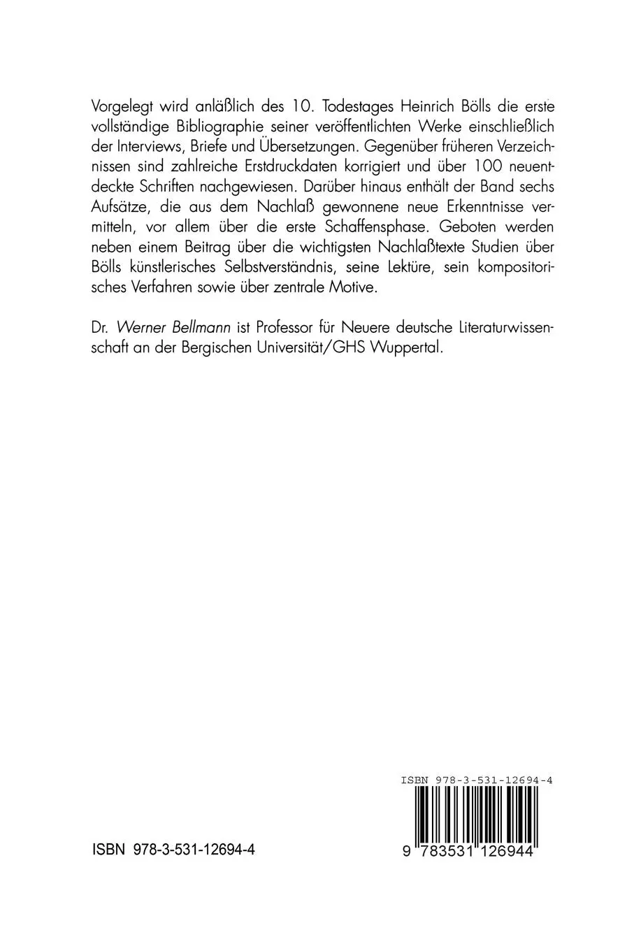 Rückseite: 9783531126944 | Das Werk Heinrich Bölls | Bibliographie mit Studien zum Frühwerk