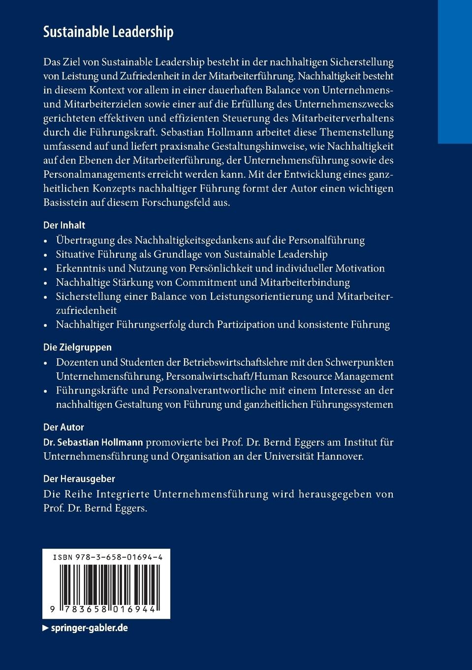 Rückseite: 9783658016944 | Sustainable Leadership | Sebastian Hollmann | Taschenbuch | xxv | 2013