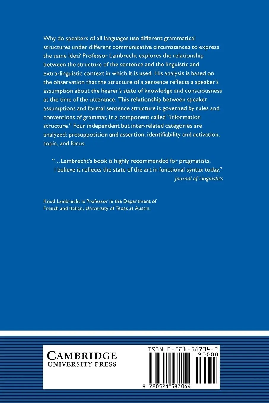 Rückseite: 9780521587044 | Information Structure and Sentence Form | Knud Lambrecht | Taschenbuch