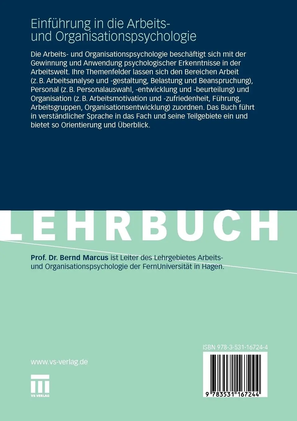 Rückseite: 9783531167244 | Einführung in die Arbeits- und Organisationspsychologie | Bernd Marcus