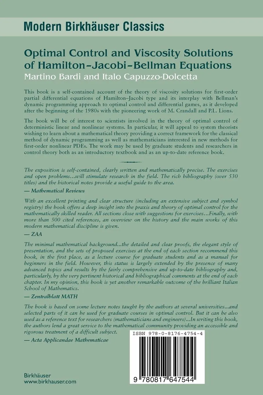 Rückseite: 9780817647544 | Optimal Control and Viscosity Solutions of Hamilton-Jacobi-Bellman...