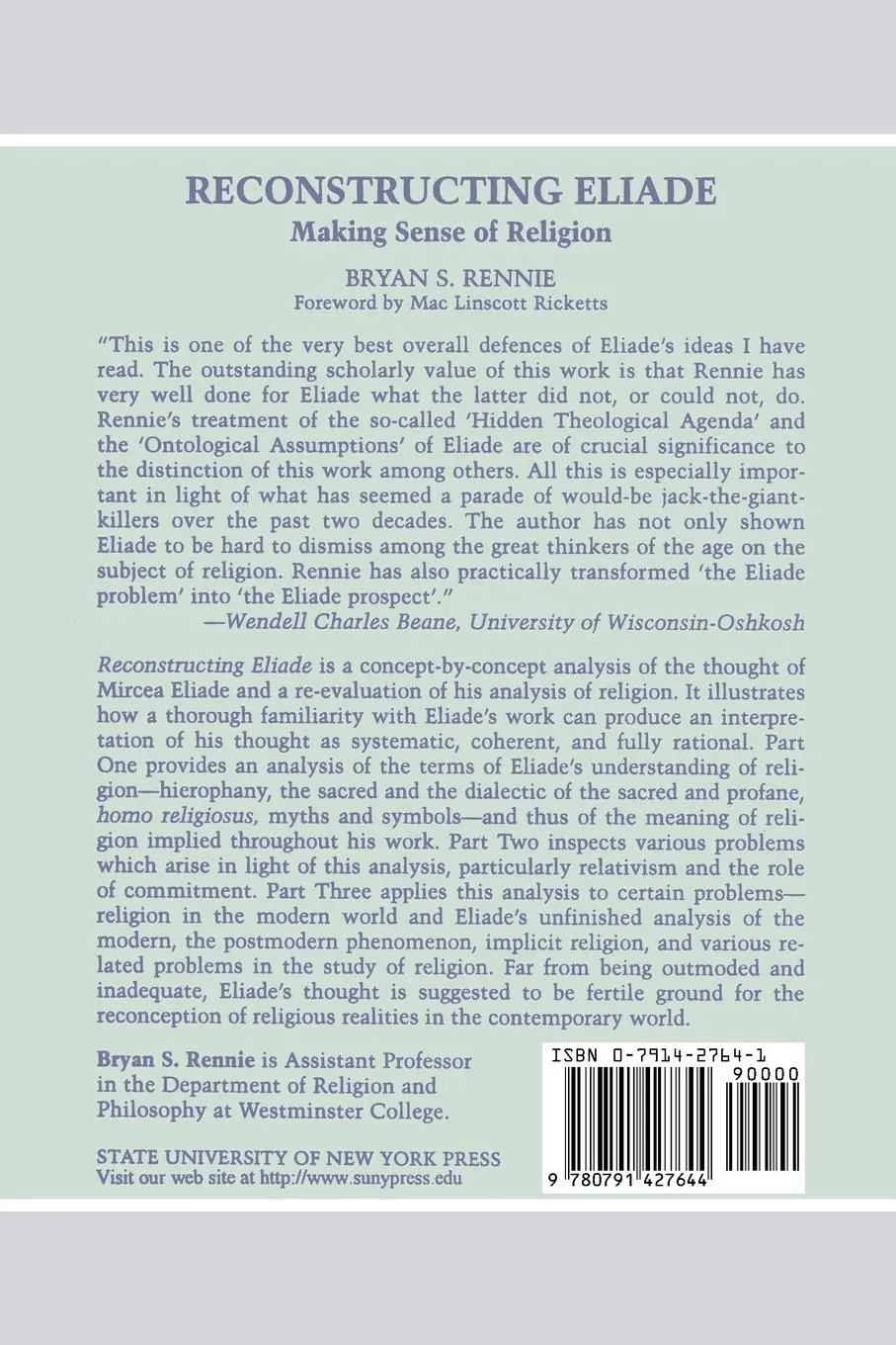 Rückseite: 9780791427644 | Reconstructing Eliade | Making Sense of Religion | Bryan Rennie | Buch