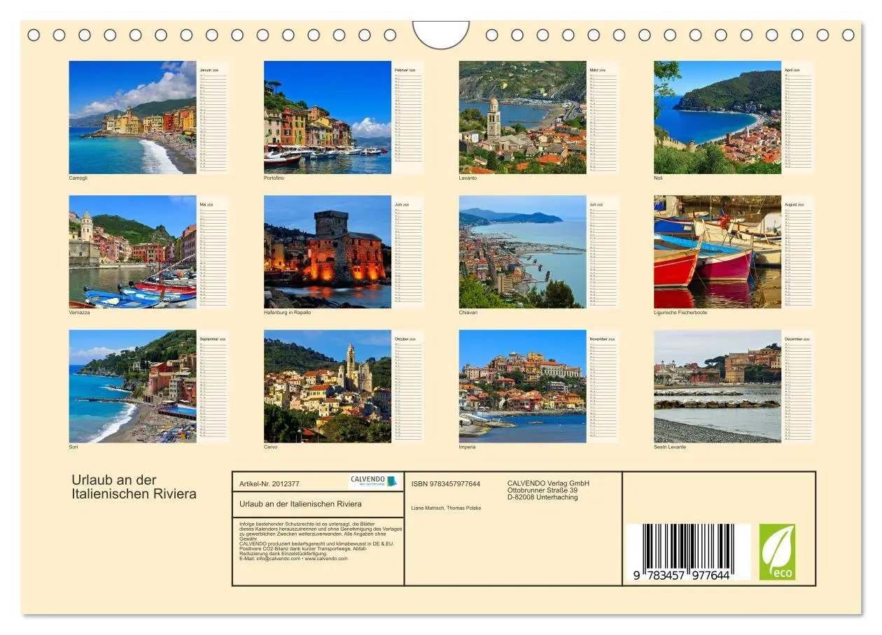 Bild: 9783457977644 | Urlaub an der Italienischen Riviera (Wandkalender 2026 DIN A4...