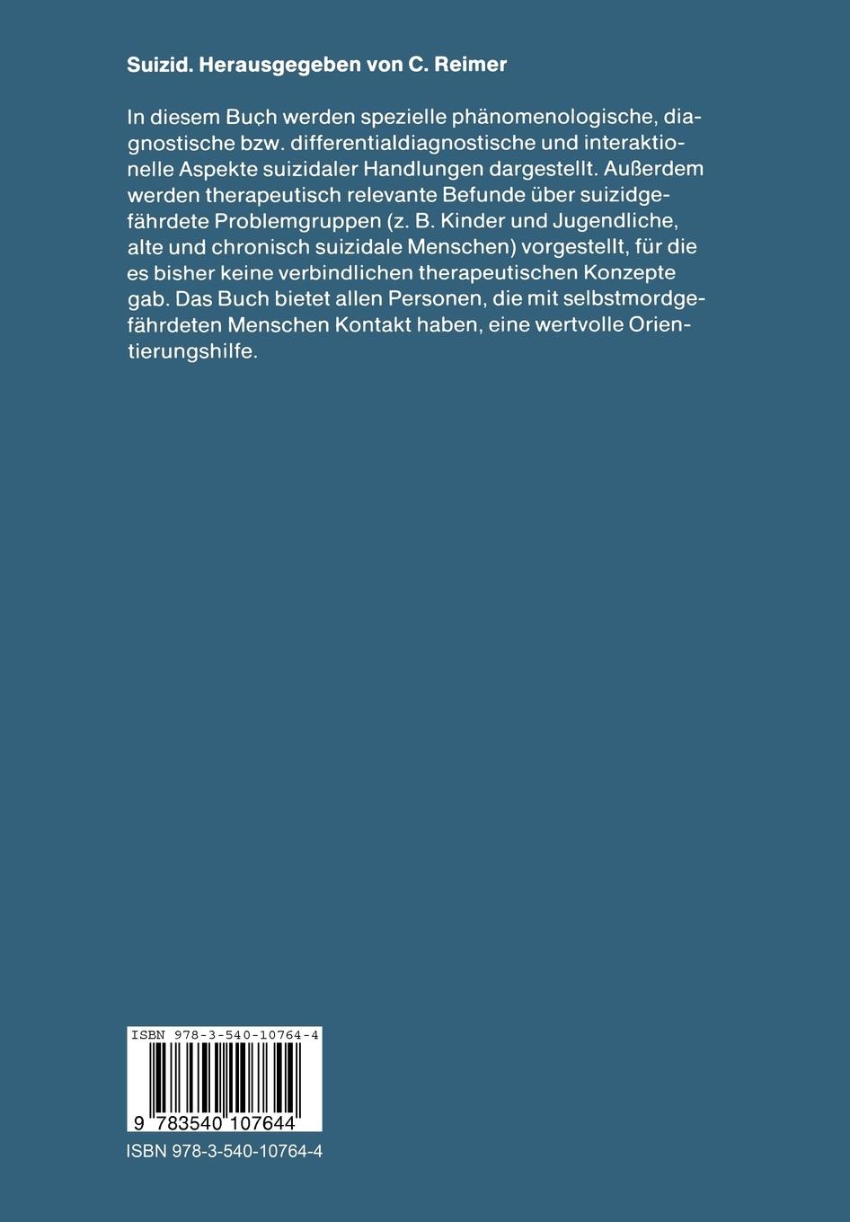 Rückseite: 9783540107644 | Suizid | Ergebnisse und Therapie | C. Reimer | Taschenbuch | xiv